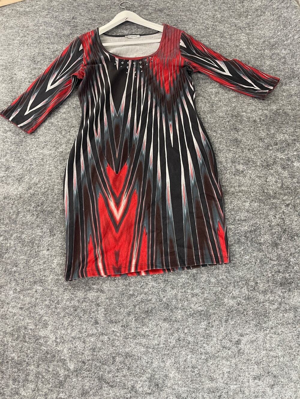 Red Apple Sheath Dress Womens Medium Tie Dye Striped Beaded Black Red N247